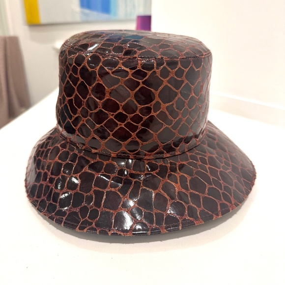 Eric Javits |  Croc Embossed Patent Water Repellent Rain Bucket Hat | Dark Brown - Picture 3 of 7
